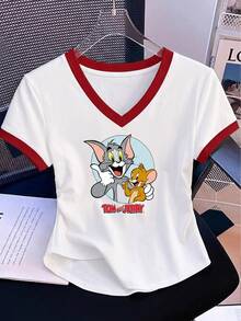 TOM & JERRY X SHEIN SHEIN EZwear 女款V領卡通印花短袖T恤，適合外出、街頭穿搭、機場造型、時尚、返校、Y2K、派對、海灘度假、假日 - 彩色 - 查看 6