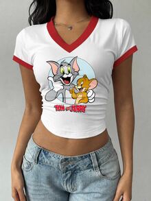 TOM & JERRY X SHEIN SHEIN EZwear 女款V領卡通印花短袖T恤，適合外出、街頭穿搭、機場造型、時尚、返校、Y2K、派對、海灘度假、假日 - 彩色 - 查看 3