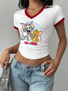 TOM & JERRY X SHEIN SHEIN EZwear 女款V領卡通印花短袖T恤，適合外出、街頭穿搭、機場造型、時尚、返校、Y2K、派對、海灘度假、假日 - 彩色 - 查看 5