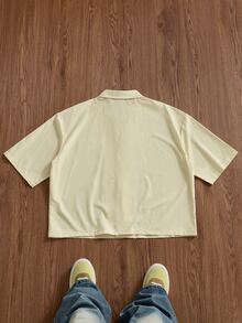 ESTAVOR Men's Embroidered Striped Print Button-Front Casual Short Sleeve Shirt - Yellow - View 3