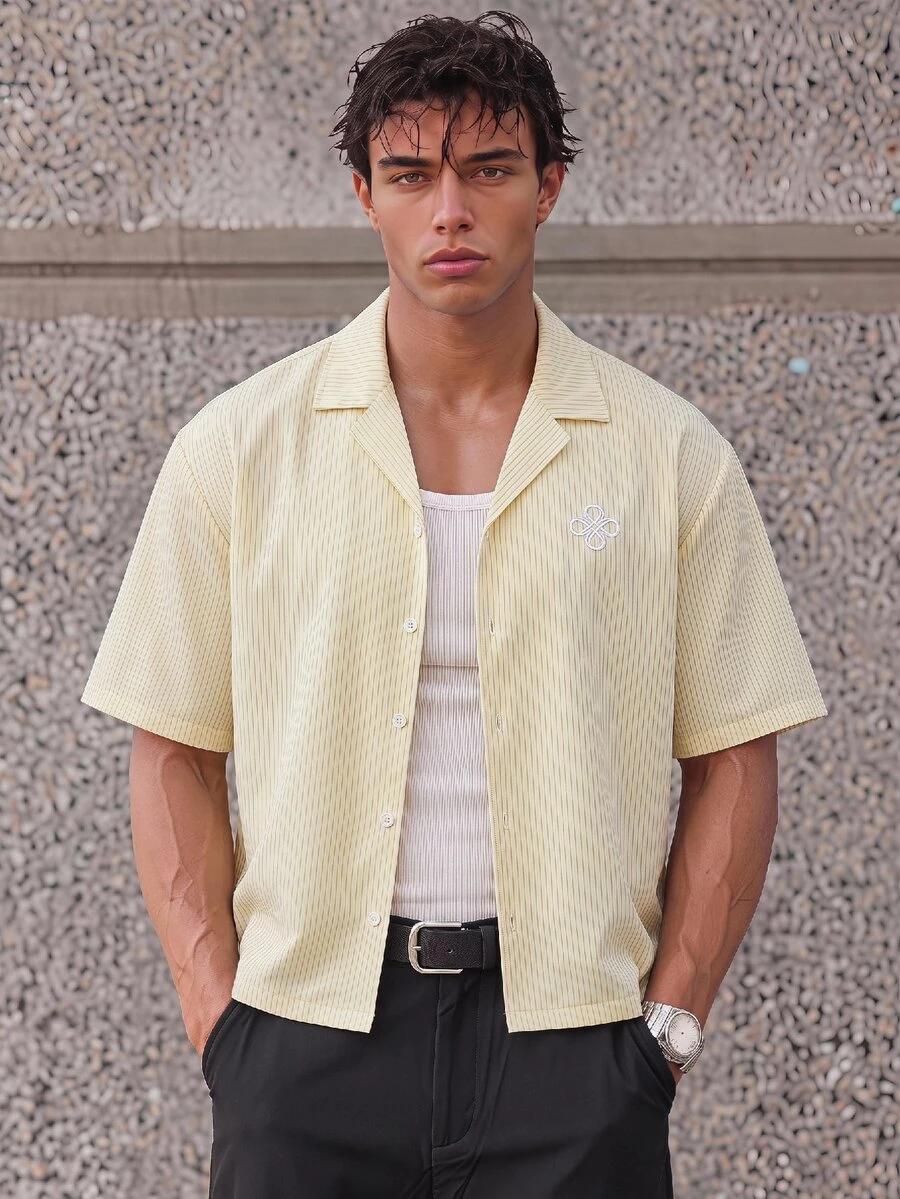 ESTAVOR Men's Embroidered Striped Print Button-Front Casual Short Sleeve Shirt - Yellow - View 1