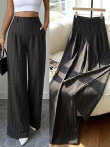 Selianne Women's Spring And Autumn Tweed Gray Striped High-Waisted Wide-Leg Pants - Dark Grey - View 1