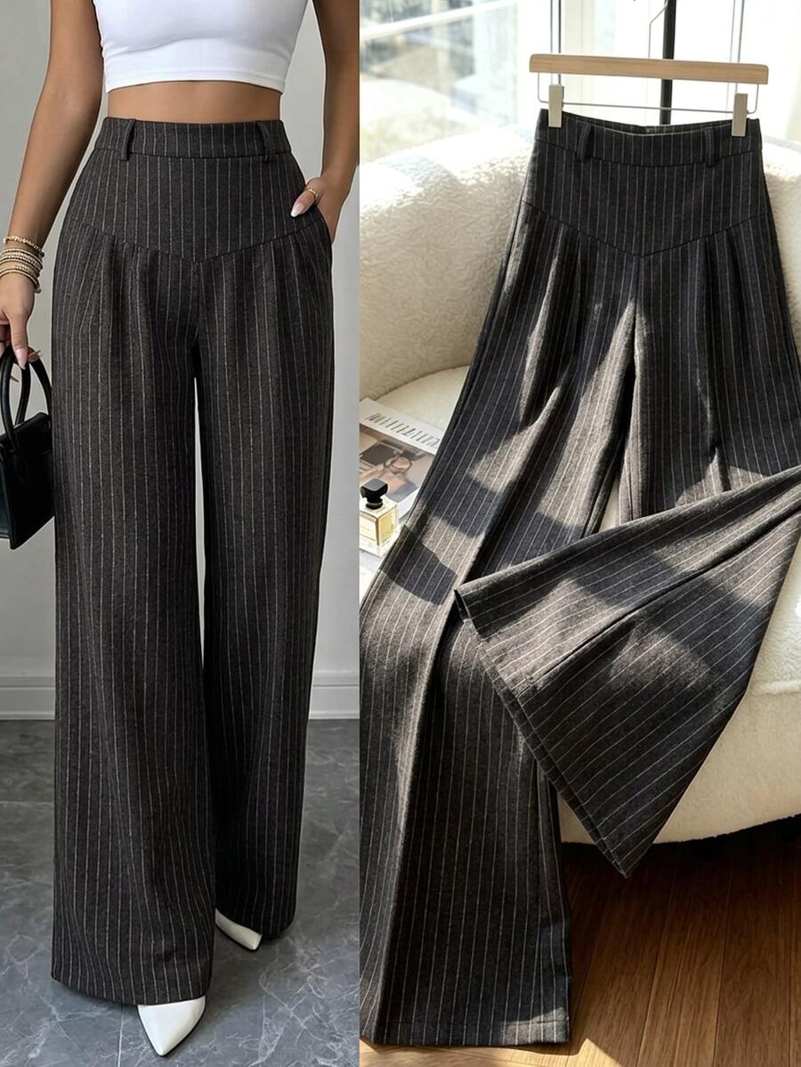 Selianne Women's Spring And Autumn Tweed Gray Striped High-Waisted Wide-Leg Pants - Dark Grey - View 1