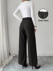 Selianne Women's Spring And Autumn Tweed Gray Striped High-Waisted Wide-Leg Pants - Dark Grey - View 2