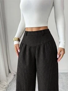Selianne Women's Spring And Autumn Tweed Gray Striped High-Waisted Wide-Leg Pants - Dark Grey - View 5