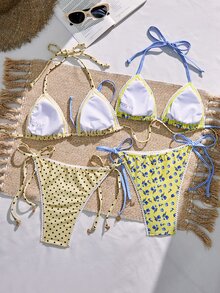 SHEIN Swim Women's Summer Vacation Fresh Dual Pattern Black Polka Dot Blue Floral Contrast Halter Bikini Set, Side Tie Two Pieces With Metal Shell Decor, Beach - Yellow - View 2