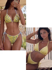 SHEIN Swim Women's Summer Vacation Fresh Dual Pattern Black Polka Dot Blue Floral Contrast Halter Bikini Set, Side Tie Two Pieces With Metal Shell Decor, Beach - Yellow - View 3