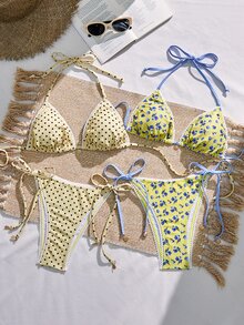SHEIN Swim Women's Summer Vacation Fresh Dual Pattern Black Polka Dot Blue Floral Contrast Halter Bikini Set, Side Tie Two Pieces With Metal Shell Decor, Beach - Yellow - View 8