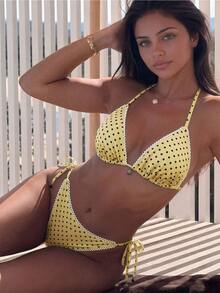 SHEIN Swim Women's Summer Vacation Fresh Dual Pattern Black Polka Dot Blue Floral Contrast Halter Bikini Set, Side Tie Two Pieces With Metal Shell Decor, Beach - Yellow - View 6