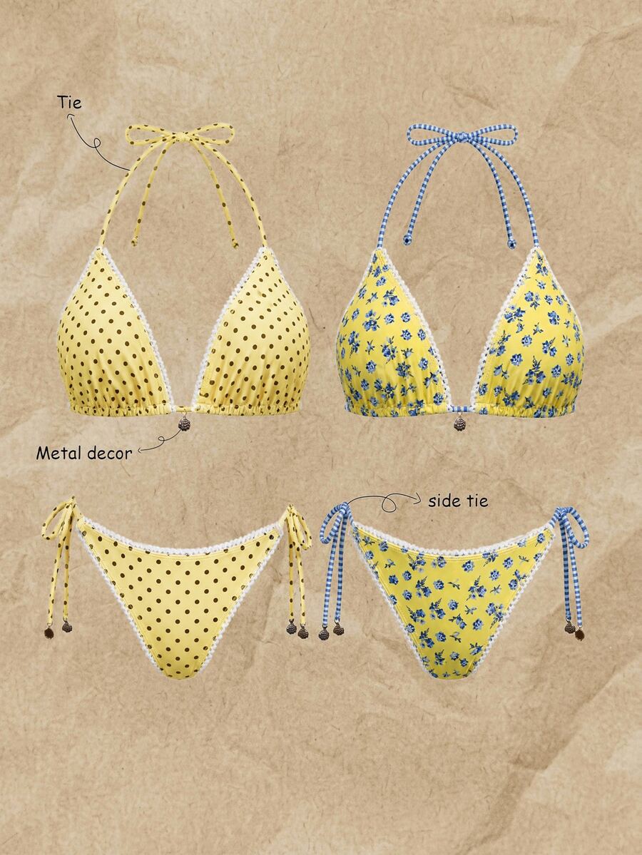 SHEIN Swim Women's Summer Vacation Fresh Dual Pattern Black Polka Dot Blue Floral Contrast Halter Bikini Set, Side Tie Two Pieces With Metal Shell Decor, Beach - Yellow - View 1
