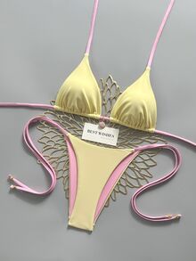 SHEIN Swim Yellow & Pink Contrast Spaghetti Strap Bikini Two Pieces Swimwear, Shell Pendant Side-Cut Lace-Up Summer Casual Beach Holiday Vacation, Holiday Sweet - Multicolor - View 5
