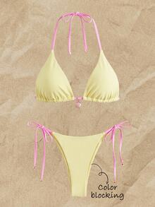 SHEIN Swim Yellow & Pink Contrast Spaghetti Strap Bikini Two Pieces Swimwear, Shell Pendant Side-Cut Lace-Up Summer Casual Beach Holiday Vacation, Holiday Sweet - Multicolor - View 1
