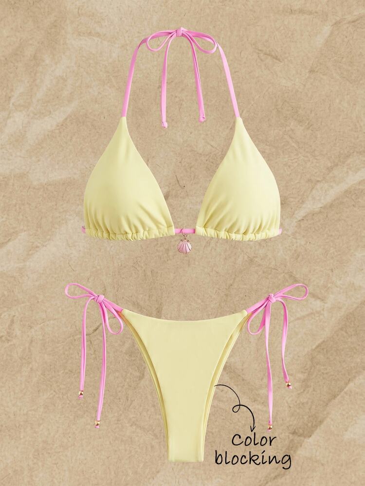 SHEIN Swim Yellow & Pink Contrast Spaghetti Strap Bikini Two Pieces Swimwear, Shell Pendant Side-Cut Lace-Up Summer Casual Beach Holiday Vacation, Holiday Sweet - Multicolor - View 1