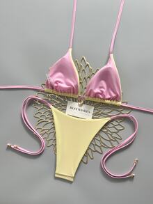 SHEIN Swim Yellow & Pink Contrast Spaghetti Strap Bikini Two Pieces Swimwear, Shell Pendant Side-Cut Lace-Up Summer Casual Beach Holiday Vacation, Holiday Sweet - Multicolor - View 8