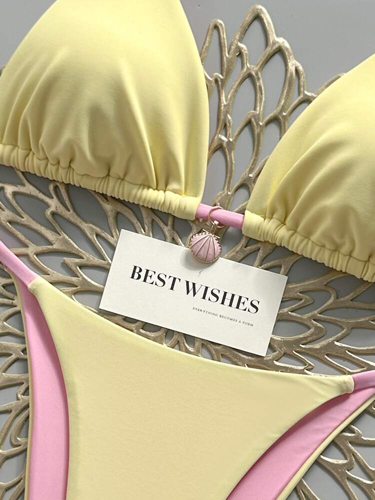 SHEIN Swim Yellow & Pink Contrast Spaghetti Strap Bikini Two Pieces Swimwear, Shell Pendant Side-Cut Lace-Up Summer Casual Beach Holiday Vacation, Holiday Sweet - Multicolor - View 4