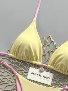 SHEIN Swim Yellow & Pink Contrast Spaghetti Strap Bikini Two Pieces Swimwear, Shell Pendant Side-Cut Lace-Up Summer Casual Beach Holiday Vacation, Holiday Sweet - Multicolor - View 3