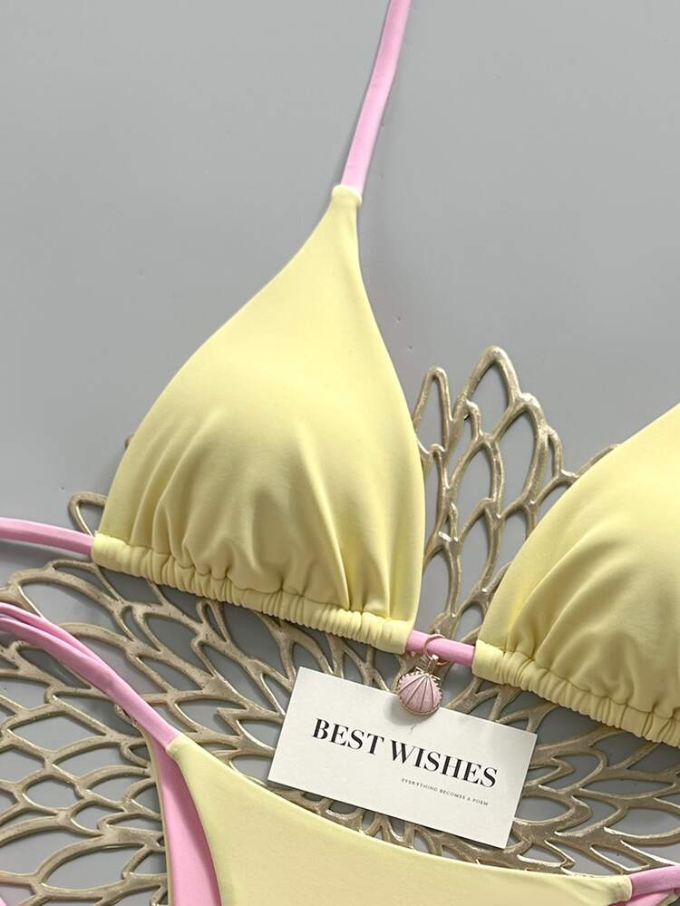 SHEIN Swim Yellow & Pink Contrast Spaghetti Strap Bikini Two Pieces Swimwear, Shell Pendant Side-Cut Lace-Up Summer Casual Beach Holiday Vacation, Holiday Sweet - Multicolor - View 3