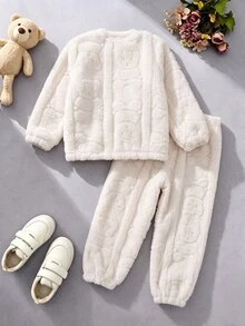 SHEIN 女童 T-shirt 套裝，秋季新款，熊圖案貼布設計，抓絨加厚 - 白色 - 查看 2