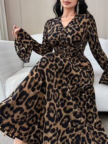 Feyla Plus Size Women's Leopard Print V-Neck Long Sleeve Ruched Waist Elegant Dress - Multicolor - View 7