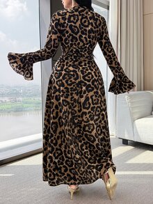 Feyla Plus Size Women's Leopard Print V-Neck Long Sleeve Ruched Waist Elegant Dress - Multicolor - View 3