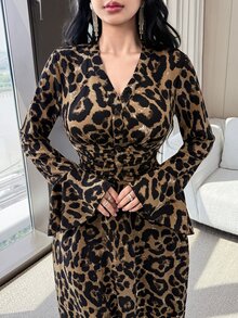 Feyla Plus Size Women's Leopard Print V-Neck Long Sleeve Ruched Waist Elegant Dress - Multicolor - View 6
