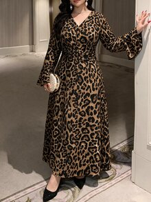 Feyla Plus Size Women's Leopard Print V-Neck Long Sleeve Ruched Waist Elegant Dress - Multicolor - View 1
