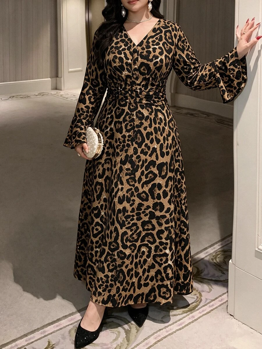 Feyla Plus Size Women's Leopard Print V-Neck Long Sleeve Ruched Waist Elegant Dress - Multicolor - View 1