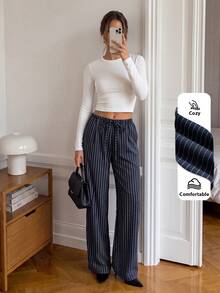 Easowa Women's Fall Casual Striped Drawstring Waist Pants With Pockets, Business Office Business Navy Blue - Blue and White - View 6