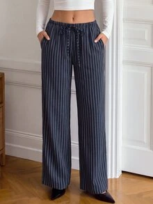 Easowa Women's Fall Casual Striped Drawstring Waist Pants With Pockets, Business Office Business Navy Blue - Blue and White - View 3