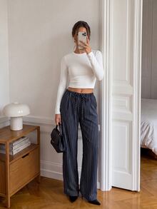 Easowa Women's Fall Casual Striped Drawstring Waist Pants With Pockets, Business Office Business Navy Blue - Blue and White - View 1
