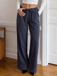 Easowa Women's Fall Casual Striped Drawstring Waist Pants With Pockets, Business Office Business Navy Blue - Blue and White - View 5