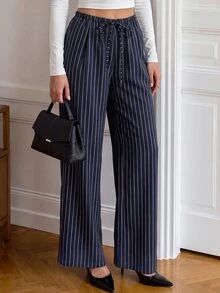 Easowa Women's Fall Casual Striped Drawstring Waist Pants With Pockets, Business Office Business Navy Blue - Blue and White - View 2