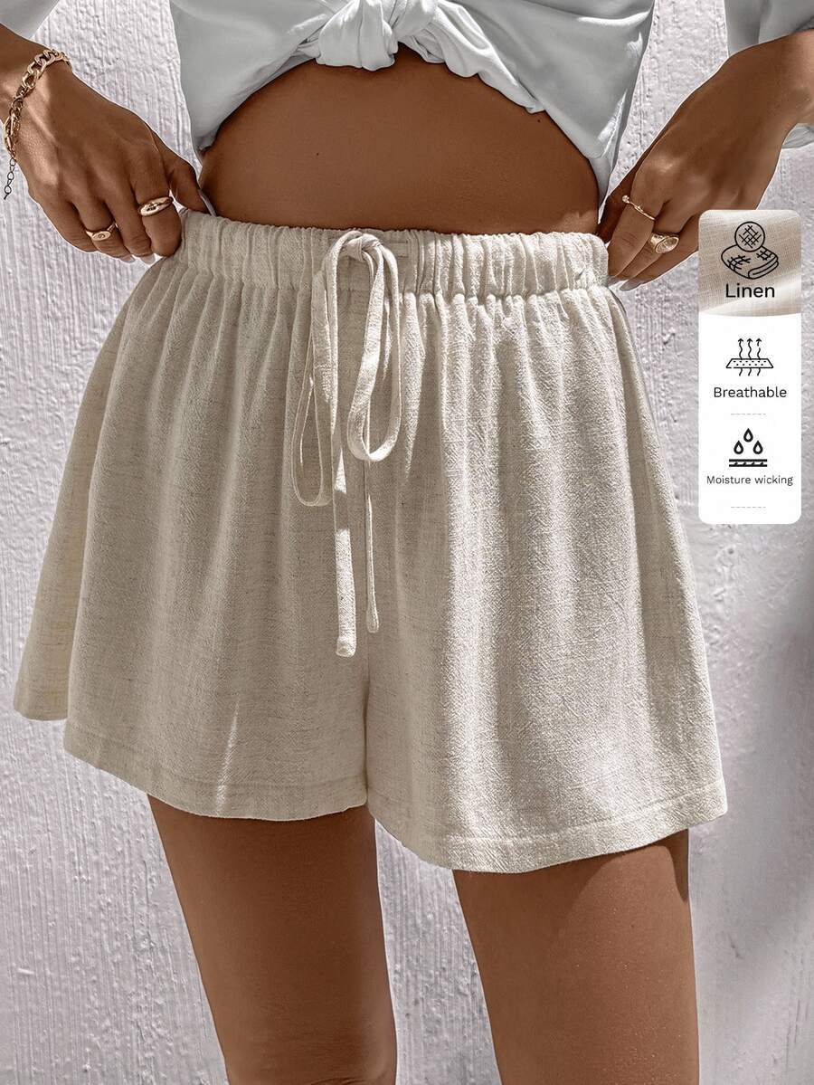 Easowa Old Money Style Women Linen Casual Basic Basic Shorts For Women, Suitable For Summer Holiday Off-White Everyday Everyday Holiday - Apricot - View 1