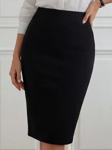 Medorina High Waist Solid Skirt Teachers' Day Formal Office Work Black Summer Elegant Basic - Black - View 7