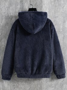 SHEIN 大童男孩毛絨連帽字母刺繡寬鬆衛衣，適合秋冬校園、運動、外出與聚會，百搭百搭風格 - 藏蓝色 - 查看 2