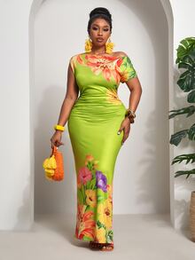 Veslaya Plus Size Women's Lime Green Summer Boho Tropical Beach Vacation Holiday Dress,Elegant One Shoulder Floral Print Ruched Waist Slim Fit Bodycon Maxi - Multicolor - View 7