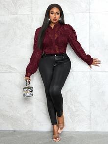 Veslaya Bodysuit Elegan Kancing Tunggal dengan Renda Kontras untuk Wanita Ukuran Plus / Musim Gugur/Musim Dingin - Burgundy - View 3