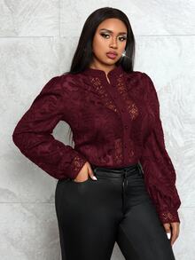 Veslaya Bodysuit Elegan Kancing Tunggal dengan Renda Kontras untuk Wanita Ukuran Plus / Musim Gugur/Musim Dingin - Burgundy - View 7
