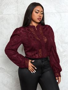Veslaya Bodysuit Elegan Kancing Tunggal dengan Renda Kontras untuk Wanita Ukuran Plus / Musim Gugur/Musim Dingin - Burgundy - View 5