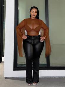 Veslaya Slayr Plus Music Festival Elastic Knit Mesh Fitted Black Sheer Fringe Splice Top,Fall - Brown - View 5