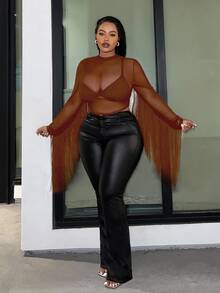 Veslaya Slayr Plus Music Festival Elastic Knit Mesh Fitted Black Sheer Fringe Splice Top,Fall - Brown - View 3