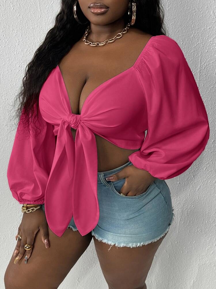 Veslaya Slayr-Plus Front Tie Casual Top, Plus Size, Summer Fall - Hot Pink - View 7
