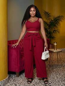 Veslaya Plus Size Holiday Leisure - Non-Wired Textured Khaki Colored Cotton Blend Two-Piece Set - J - Burgundy - View 1