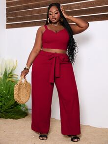 Veslaya Plus Size Holiday Leisure - Non-Wired Textured Khaki Colored Cotton Blend Two-Piece Set - J - Burgundy - View 6