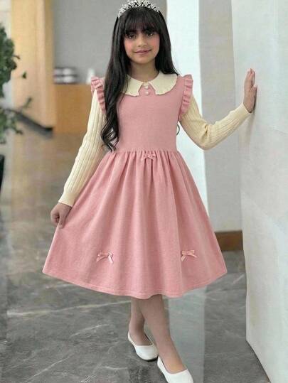 SHEIN Kids Tween Girls Loose Casual Minimalist Comfortable Peter Pan Collar Patchwork Contrast Color Bow Decor Sweater Autumn Dress
