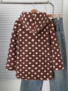 SHEIN 青少年波點圖案長袖單排扣連帽外套，秋季寬鬆夾克，學生棕色可愛款，可搭配休閒褲等 - 棕色 - 查看 2