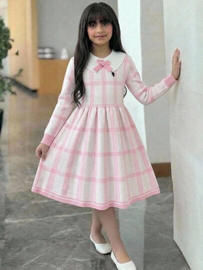 SHEIN Tween Girl Pink Cute Embroidered Horse Logo Plaid Sweater Dress, Casual Elegant Style Autumn/Winter