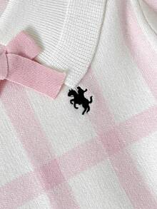 SHEIN 兒童青少年女孩粉色可愛刺繡馬標誌格紋針織洋裝，休閒優雅風，秋冬款 - 粉色 - 查看 5