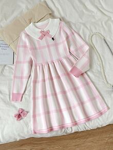 SHEIN 兒童青少年女孩粉色可愛刺繡馬標誌格紋針織洋裝，休閒優雅風，秋冬款 - 粉色 - 查看 6