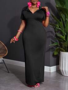 Veslaya Plus Size Solid Color Polo Collar Casual Short Sleeve Bodycon Dress - Black - View 9